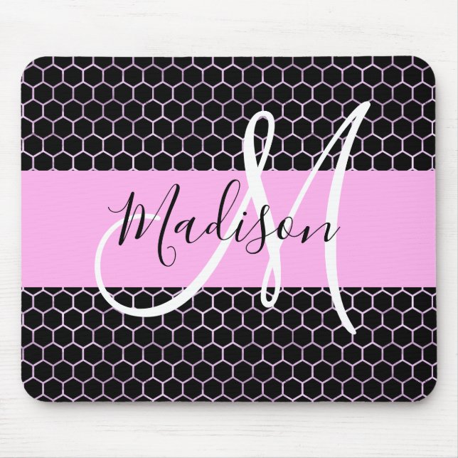 Glam Black Metallic Pink Honeycomb Monogram Name Mouse Pad (Front)