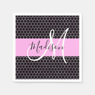 Glam Black Metallic Pink Honeycomb Monogram Name Napkins