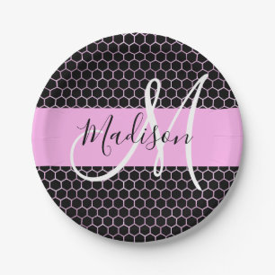 Glam Black Metallic Pink Honeycomb Monogram Name Paper Plates