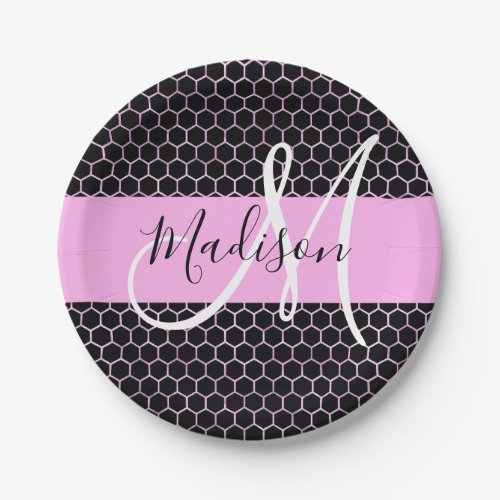 Glam Black Metallic Pink Honeycomb Monogram Name Paper Plates