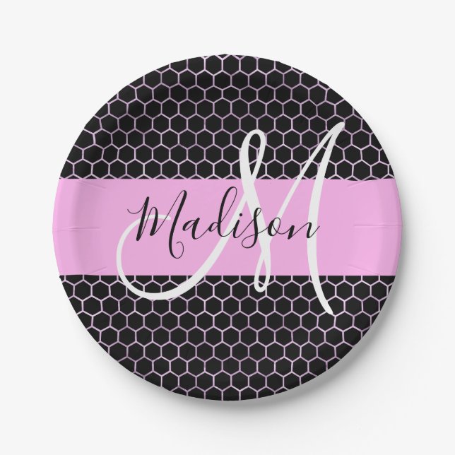 Glam Black Metallic Pink Honeycomb Monogram Name Paper Plates (Front)