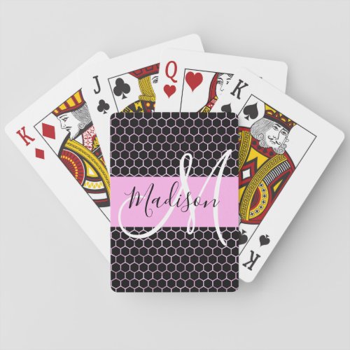Glam Black Metallic Pink Honeycomb Monogram Name Playing Cards