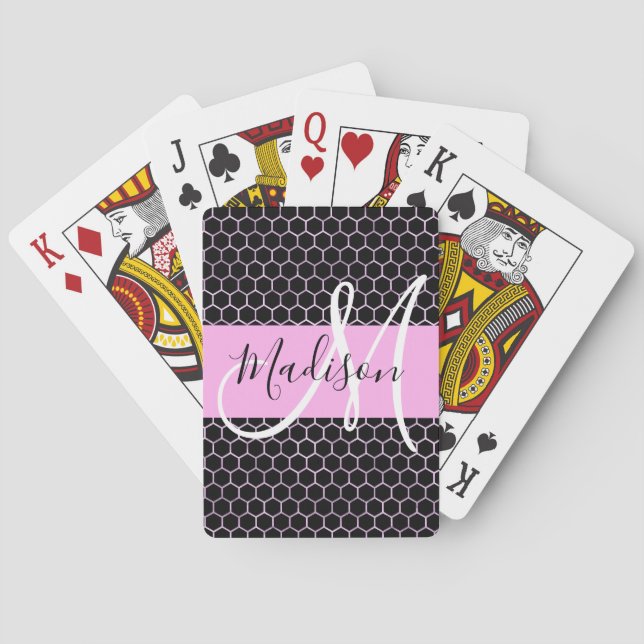 Glam Black Metallic Pink Honeycomb Monogram Name Poker Cards (Back)