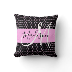 Glam Black Metallic Pink Honeycomb Monogram Name Throw Pillow