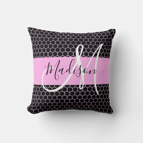 Glam Black Metallic Pink Honeycomb Monogram Name Throw Pillow