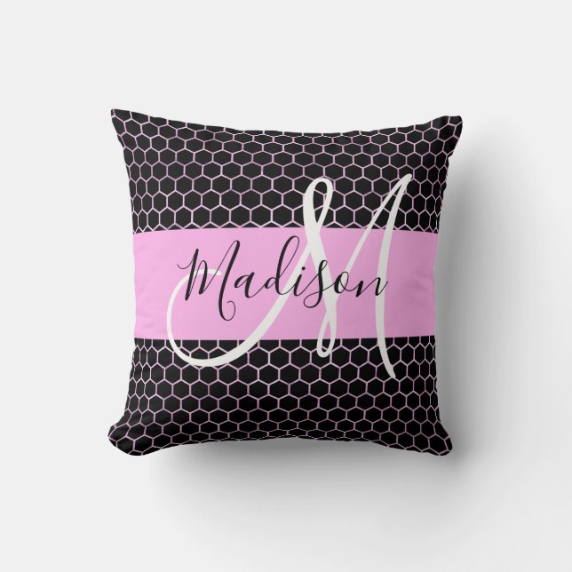 Glam Black Metallic Pink Honeycomb Monogram Name Throw Pillow (Front)