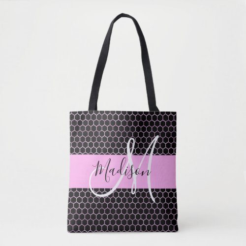 Glam Black Metallic Pink Honeycomb Monogram Name Tote Bag