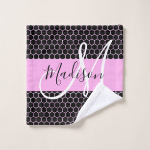 Glam Black Metallic Pink Honeycomb Monogram Name Wash Cloth