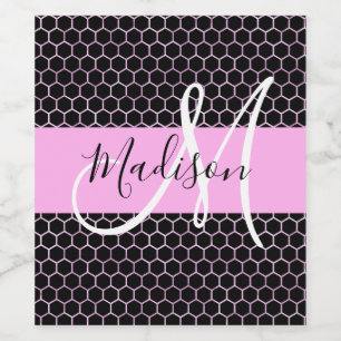 Glam Black Metallic Pink Honeycomb Monogram Name Wine Label