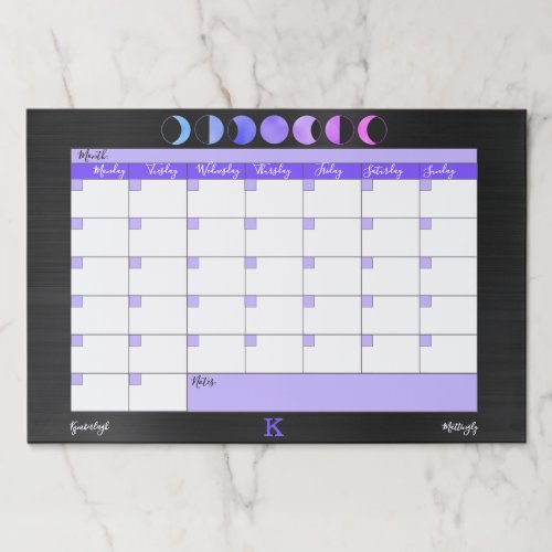 Glam Black Moon Phases Chic Monogram Desk Calendar Paper Pad