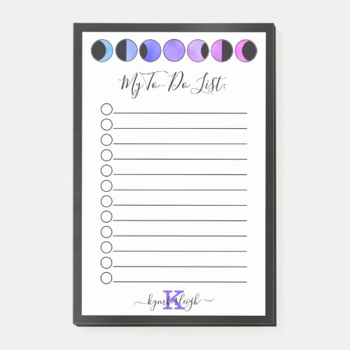 Glam Black Moon Phases Monogram Name To_Do List Post_it Notes