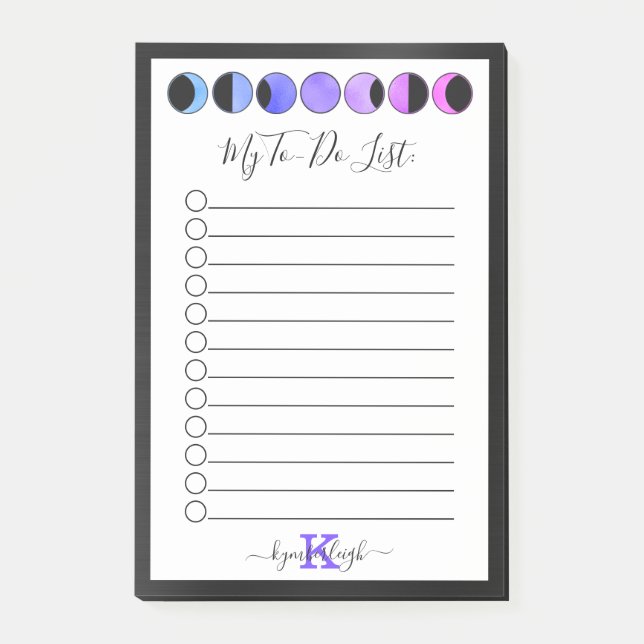Glam Black Moon Phases Monogram Name To-Do List Post-it Notes (Front)