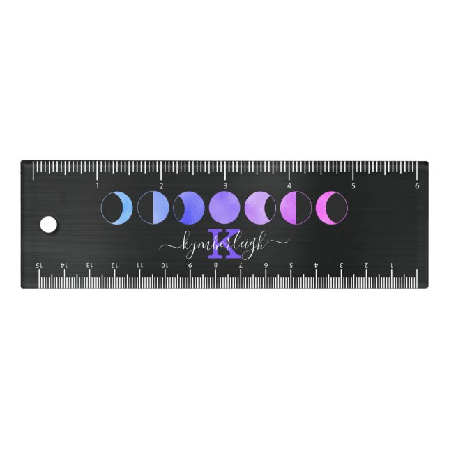 Glam Black Moon Phases Pastel Monogram Name 6-inch Ruler (Front)