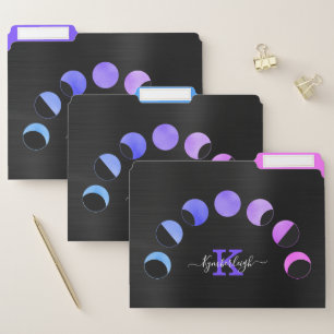 Glam Black Moon Phases Pastel Monogram Name File Folder