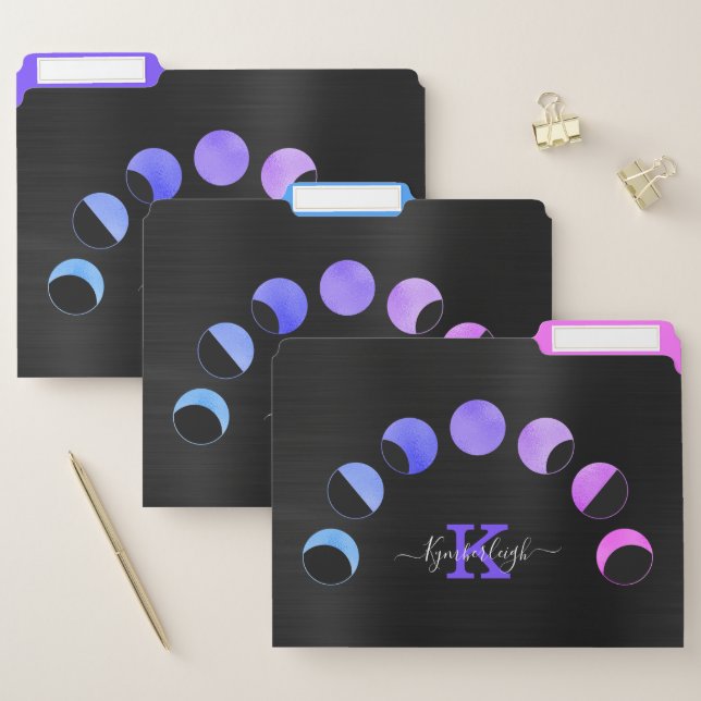 Glam Black Moon Phases Pastel Monogram Name File Folder (Set)