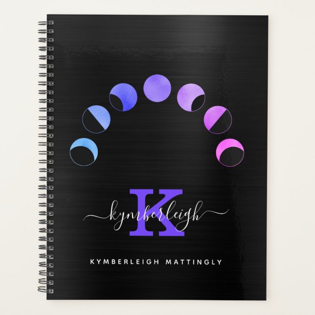 Glam Black Moon Phases Pastel Monogram Name Large  Planner (Front)
