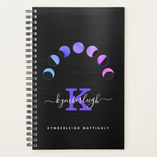 Glam Black Moon Phases Pastel Monogram Name Small Planner