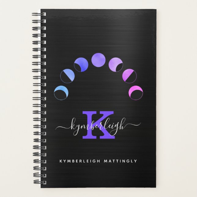 Glam Black Moon Phases Pastel Monogram Name Small Planner (Front)