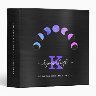 Glam Black Moon Phases Pastel Purple Monogram Name 3 Ring Binder
