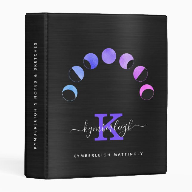 Glam Black Moon Phases Pastel Purple Monogram Name Mini Binder (Front/Spine)