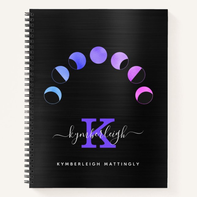 Glam Black Moon Phases Pastel Purple Monogram Name Notebook (Front)