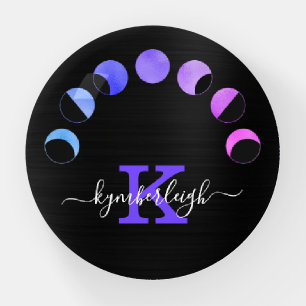 Glam Black Moon Phases Pastel Purple Monogram Name Paperweight