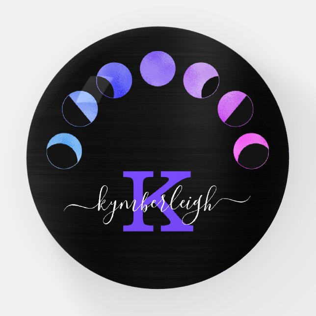 Glam Black Moon Phases Pastel Purple Monogram Name Paperweight (Front)