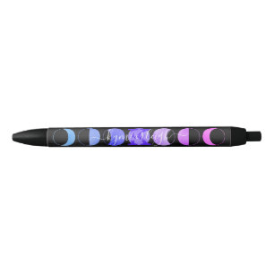 Glam Black Moon Phases Pastel Purple Monogram Name Pen