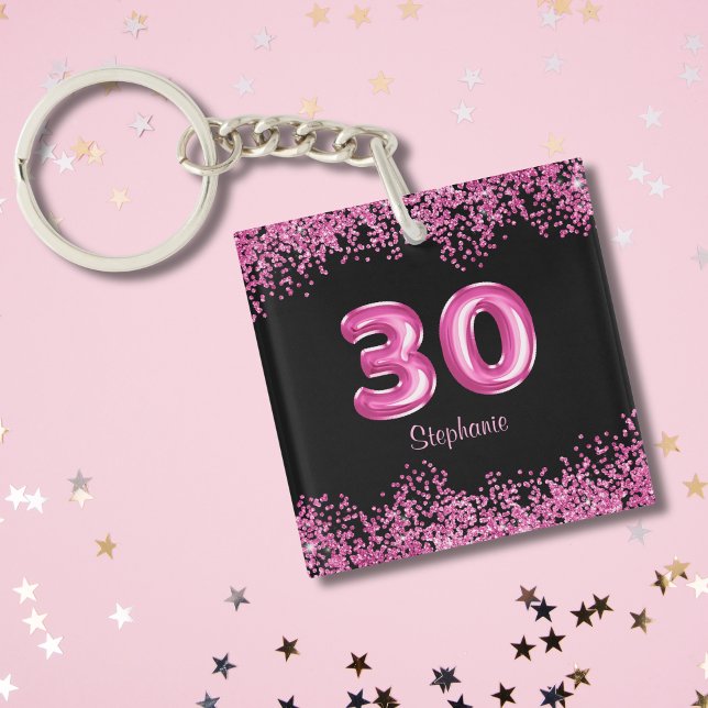  Glam Black Pink Foil Balloon 30th Birthday Party Keychain (Personalize with name or other text.  Matching items available in collection)