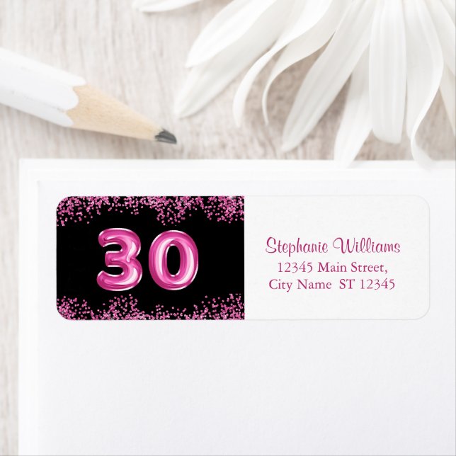 Glam Black Pink Foil Balloon 30th Birthday Party  Label (Insitu)