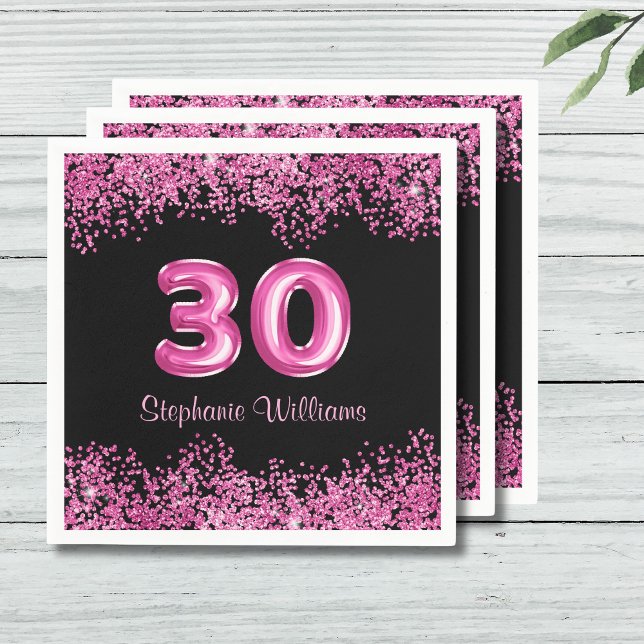 Glam Black Pink Foil Balloon 30th Birthday Party Napkins (Personalize with Name.  Matching items available in collection)