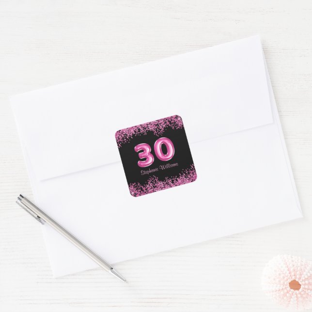  Glam Black Pink Foil Balloon 30th Birthday Party  Square Sticker (Envelope)