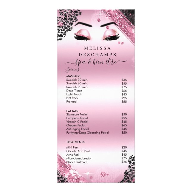 Glam Black Pink Glitter Lashes Salon Services Menu (Front)