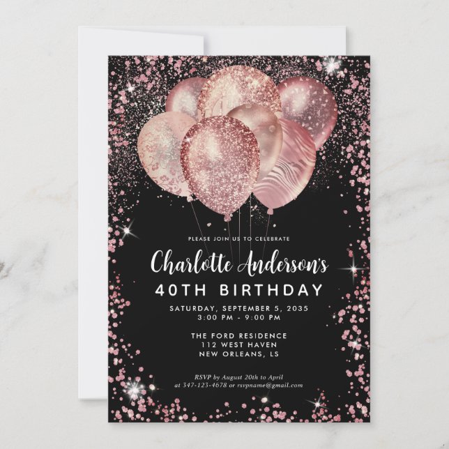 Glam Black Pink Rose Gold Glitter Balloon Birthday Invitation (Front)