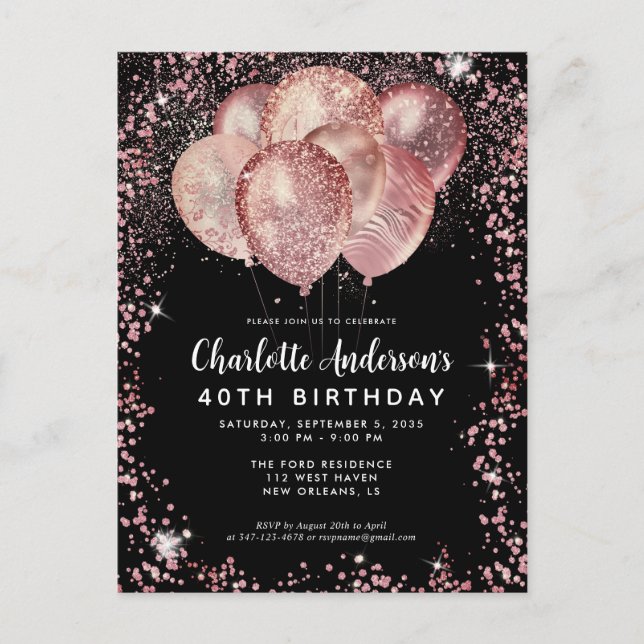 Glam Black Pink Rose Gold Glitter Balloon Birthday Postcard (Front)