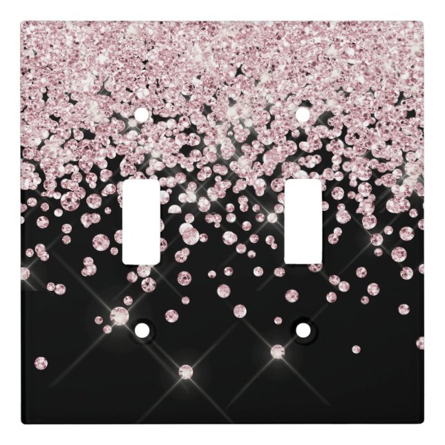 Glam Black Pink Rose Gold Glitter Diamond Confetti Light Switch Cover (Front)