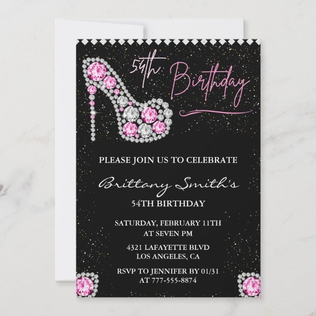 Glam Black Pink Silver Diamond 54th birthday Invitation (Front)