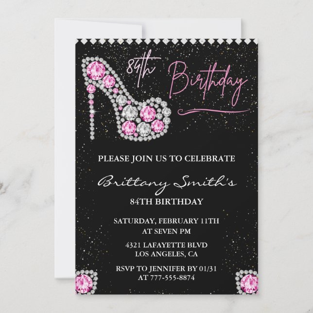 Glam Black Pink Silver Diamond 84th birthday Invitation (Front)