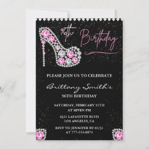 Glam Black Pink Silver Diamond 96th birthday Invitation