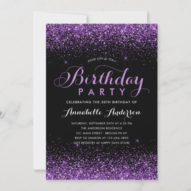 Glam Black Purple Glitter Sparkle Any Age Birthday Invitation (Front)