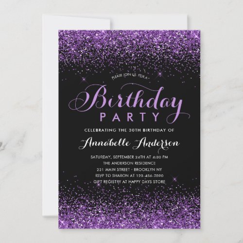 Glam Black Purple Glitter Sparkle Any Age Birthday Invitation