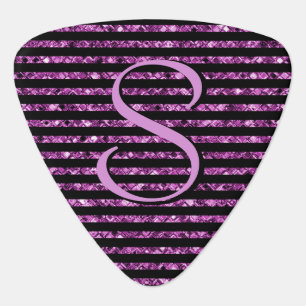 Glam Black Purple Glitter Stripe Monogram Custom Guitar Pick