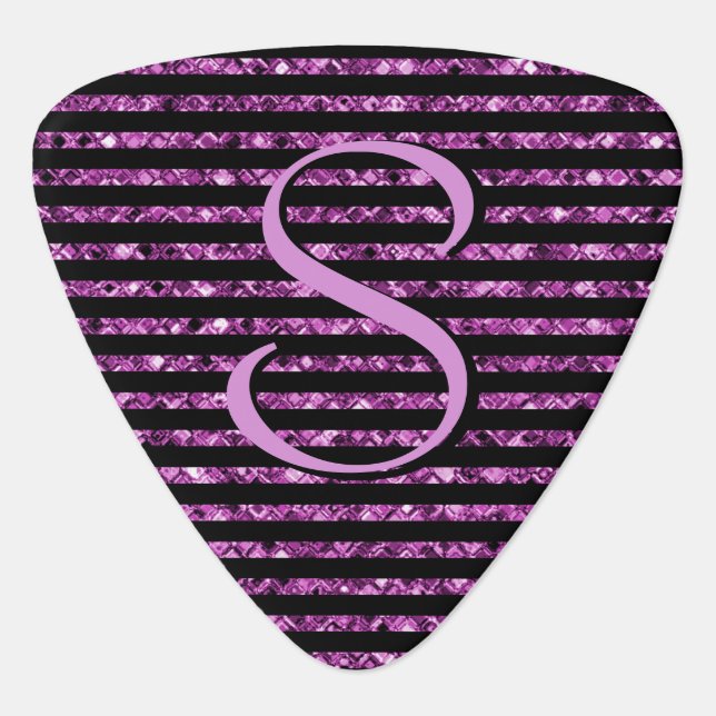 Glam Black Purple Glitter Stripe Monogram Custom Guitar Pick (Front)