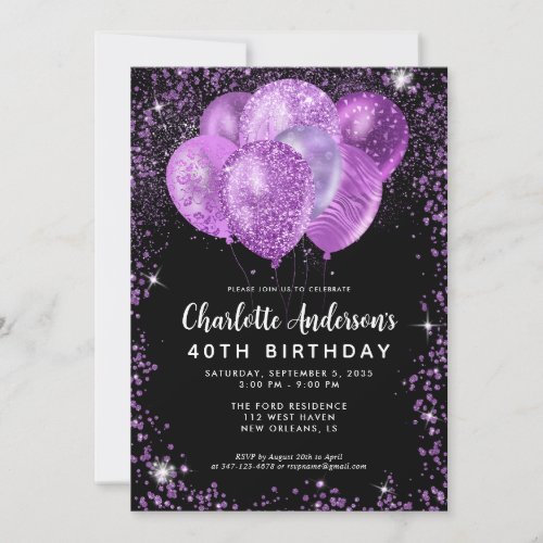 Glam Black Purple Violet Glitter Balloon Birthday Invitation