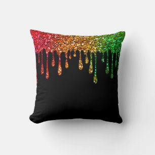Glam Black Rasta Rainbow Glitter Drips Throw Pillow