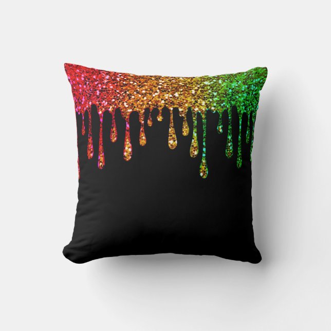 Glam Black Rasta Rainbow Glitter Drips Throw Pillow (Front)