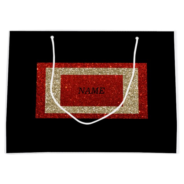 Glam Black Red and Gold Glitter Name Large Gift Bag (Front)