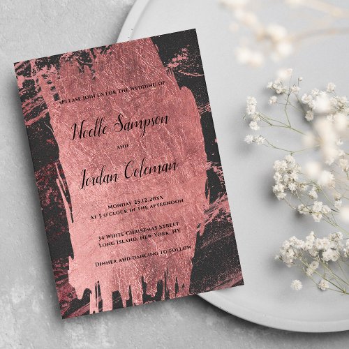 Glam black rose gold brush stroke marble wedding  invitation