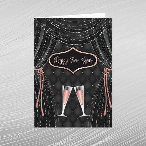 Glam Black Rose Gold Champagne Glasses New Year Holiday Card