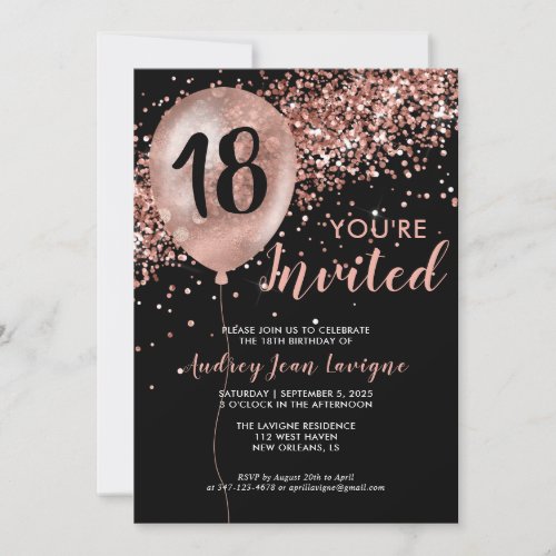 Glam Black Rose Gold Glitter Balloon 18th Birthday Invitation